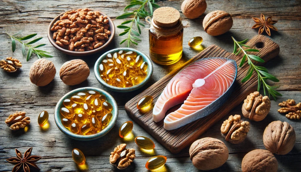 Best Natural Mood Enhancers: Top Supplements to Improve Mood and Reduce Irritability 2 A picturesque flat lay displaying Omega-3 fish oil capsules, walnuts, and fatty fish fillets on a rustic wooden surface, arranged harmoniously with soft, natural lighting.