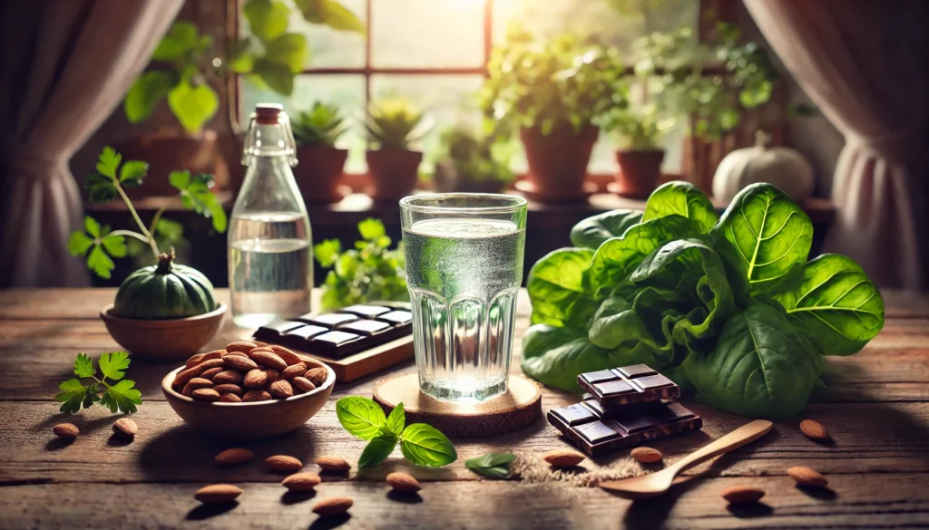 Best Natural Mood Enhancers: Top Supplements to Improve Mood and Reduce Irritability 3 A refreshing morning scene featuring a glass of magnesium-rich mineral water, almonds, dark chocolate, and leafy greens on a wooden table, with soft morning light streaming through a window.