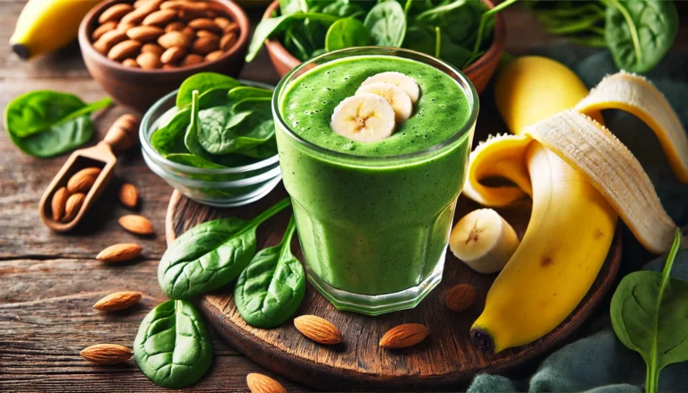 A vibrant, refreshing glass of a natural energy-boosting smoothie made with bananas, spinach, and almond milk, surrounded by fresh ingredients on a rustic wooden table.