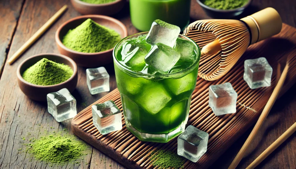 Best Natural Energy Booster Drinks: What Drinks Give You Energy Without the Crash? 1 A revitalizing glass of iced matcha green tea, served in a transparent glass with ice cubes, against a backdrop of fresh matcha powder and a bamboo whisk.