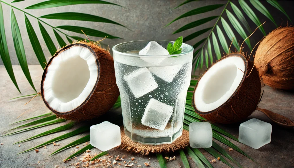 Best Natural Energy Booster Drinks: What Drinks Give You Energy Without the Crash? 2 A refreshing glass of fresh coconut water with ice cubes, surrounded by cracked open coconuts and palm leaves, evoking a sense of tropical energy.