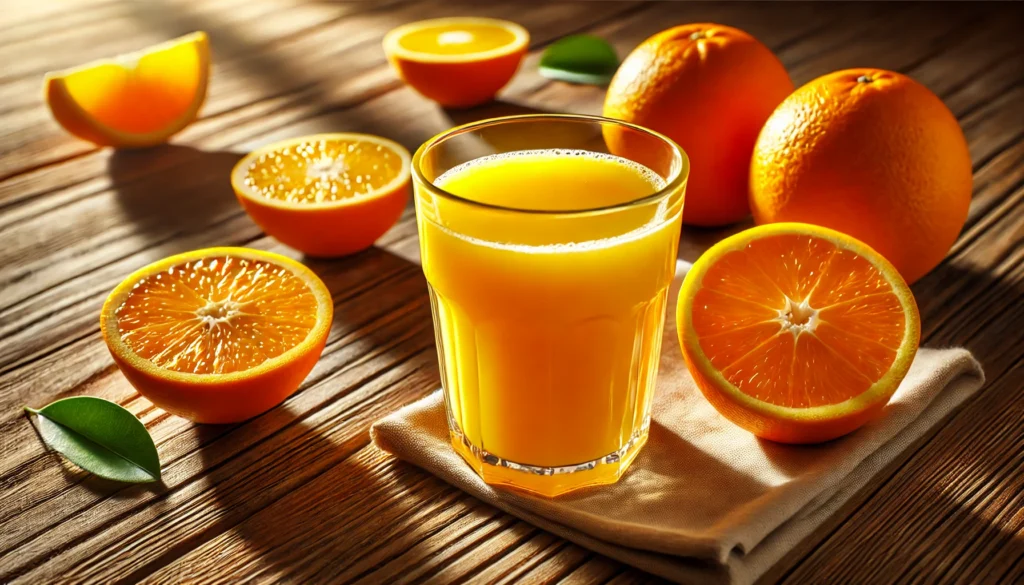 Best Natural Energy Booster Drinks: What Drinks Give You Energy Without the Crash? 3 A vibrant glass of freshly squeezed orange juice with pulp, placed next to whole and sliced oranges on a bright, sunlit wooden table, symbolizing a natural energy boost.