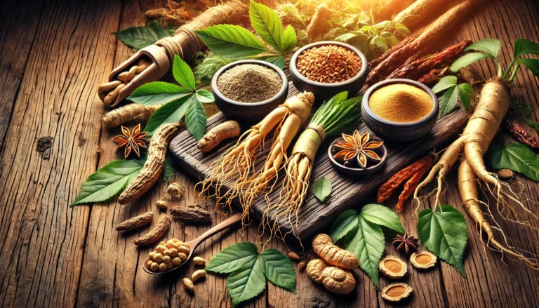A vibrant display of natural libido-enhancing herbs including ginseng, maca root, tongkat ali, and fenugreek, arranged on a rustic wooden background with earthy tones.