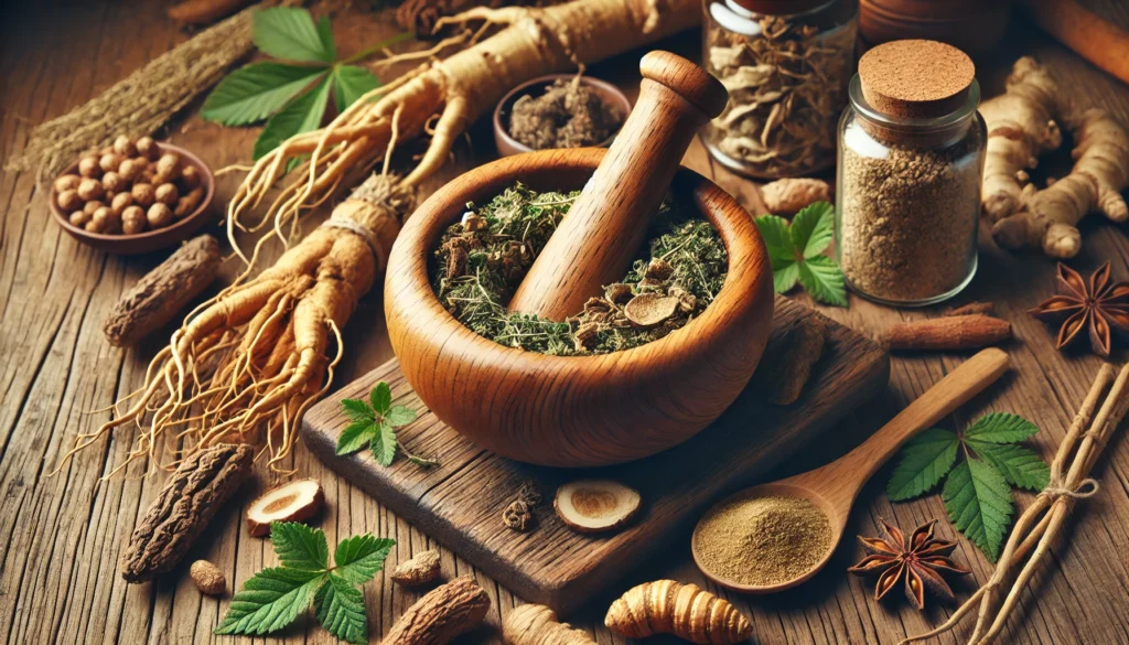 Best Herbs to Improve Male Libido Naturally: Science-Backed Sexual Enhancement Solutions 2 A close-up of a wooden mortar and pestle filled with crushed ginseng and maca root, surrounded by fresh herbs and dried roots, emphasizing their natural medicinal properties.