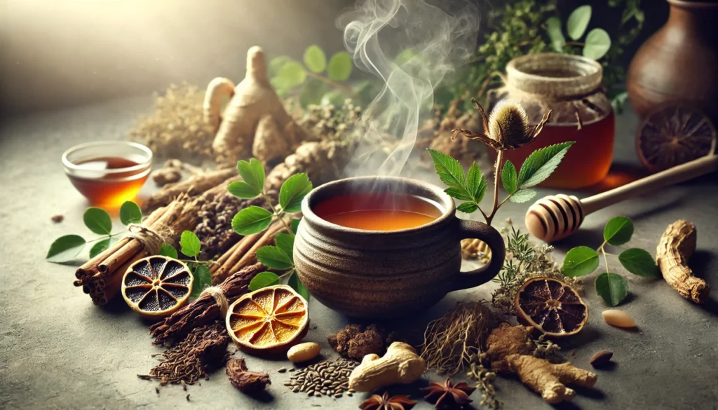 Best Herbs to Improve Male Libido Naturally: Science-Backed Sexual Enhancement Solutions 1 A steaming herbal tea infusion with maca root, ginseng, and tongkat ali in a rustic clay cup, surrounded by fresh herbs, honey, and cinnamon for a warm, holistic wellness feel.