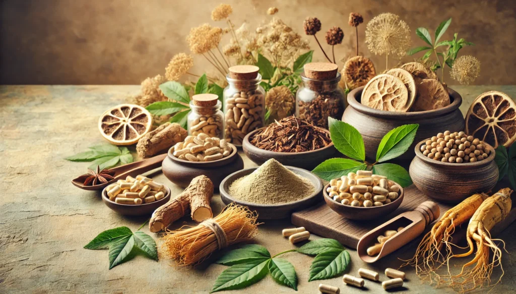 Best Herbs to Improve Male Libido Naturally: Science-Backed Sexual Enhancement Solutions 3 A beautifully arranged still life of dried and fresh libido-enhancing herbs such as ginseng, fenugreek, and maca root, with wooden bowls, powdered herbs, and herbal capsules symbolizing natural remedies.