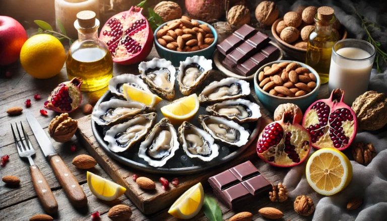 A rustic display of aphrodisiac foods, including fresh oysters with lemon wedges, a bowl of pomegranate seeds, dark chocolate pieces, and a mix of almonds and walnuts, arranged on a wooden table.