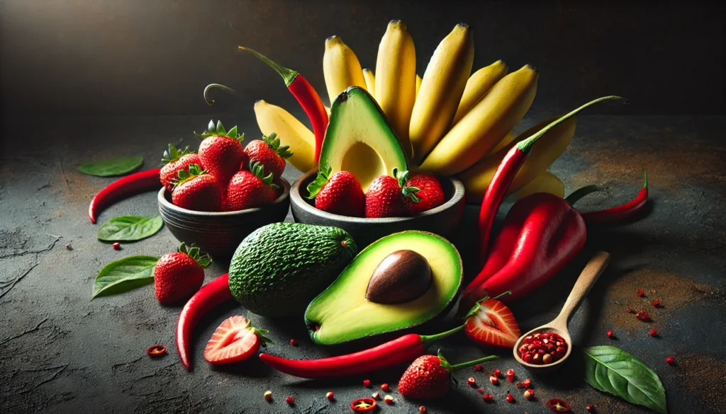 Best Natural Foods for Erectile Dysfunction: Boost Male Libido and Performance Naturally 1 A vibrant collection of libido-boosting fruits and vegetables, featuring sliced avocados, fresh bananas, red chili peppers, and a bowl of juicy strawberries, set against a dark, textured background.