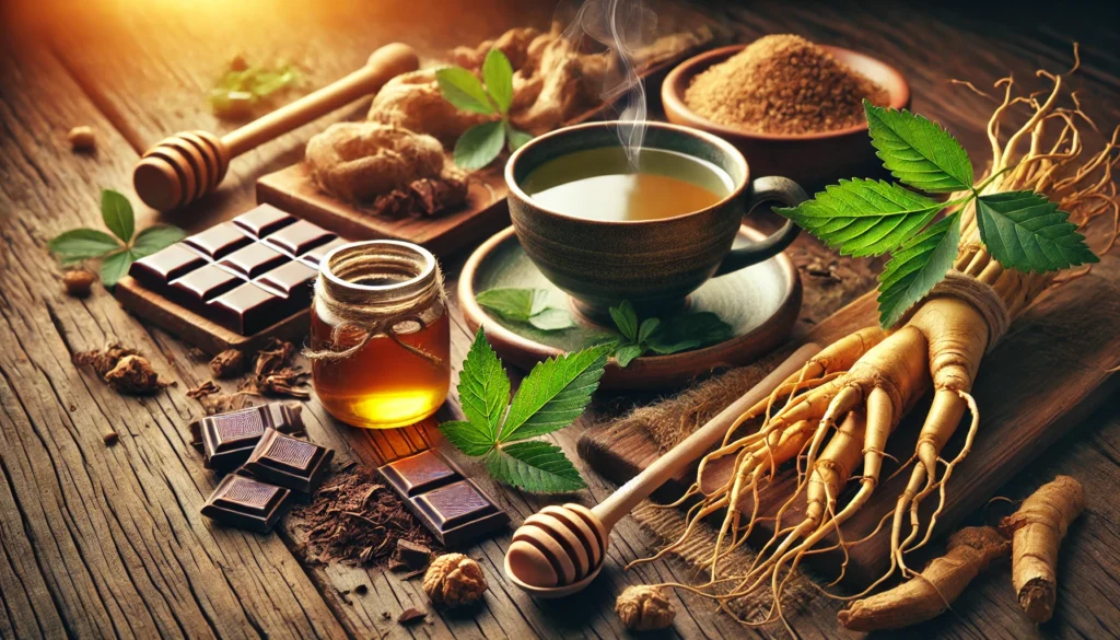 Best Natural Foods for Erectile Dysfunction: Boost Male Libido and Performance Naturally 3 A natural and herbal remedy composition, featuring fresh ginseng roots, a steaming cup of green tea, dark chocolate pieces, and a spoonful of honey, all placed on a rustic wooden table.