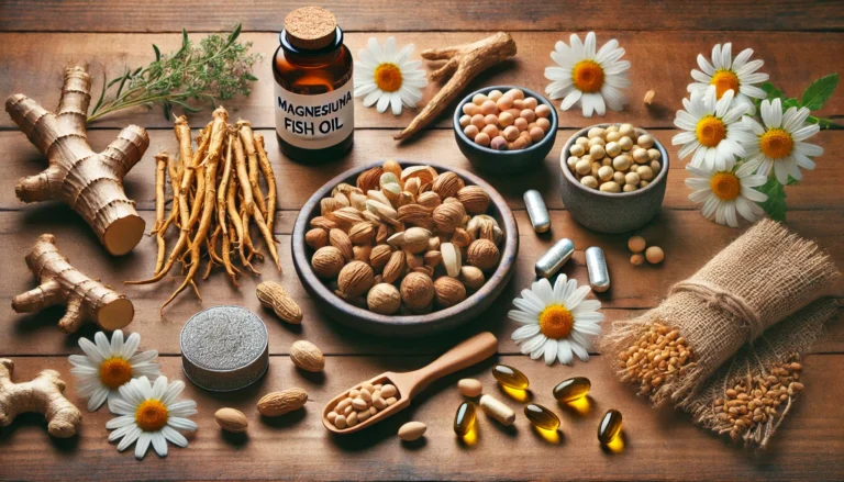 A top-down view of natural supplements for nervous system health, including ashwagandha root, fish oil capsules, and chamomile flowers, arranged on a wooden surface.