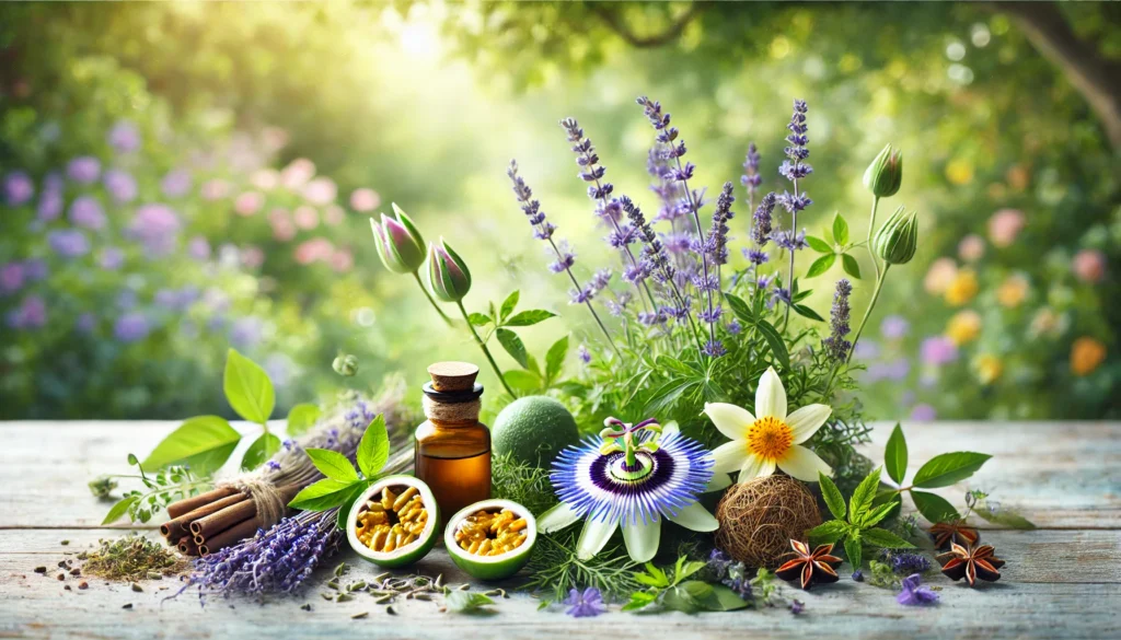 A serene garden setting with fresh lavender, valerian root, and passionflower, symbolizing natural remedies for relaxation and nervous system support.