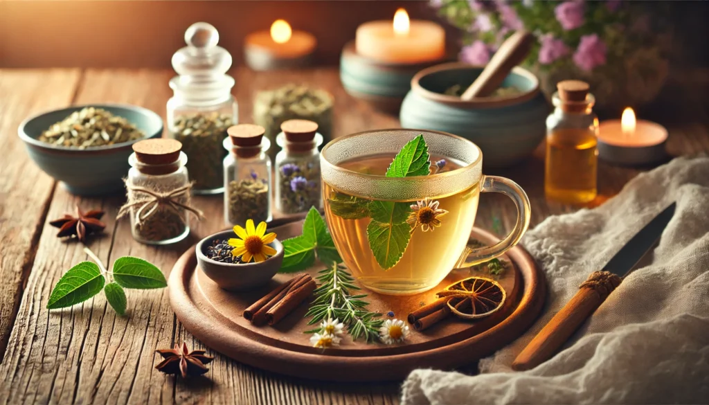 Best Supplements for Nervous System Health: Natural Remedies to Calm and Support Your Body 2 A steaming cup of herbal tea with chamomile, lemon balm, and valerian root, set in a peaceful ambiance with soft lighting and candles.