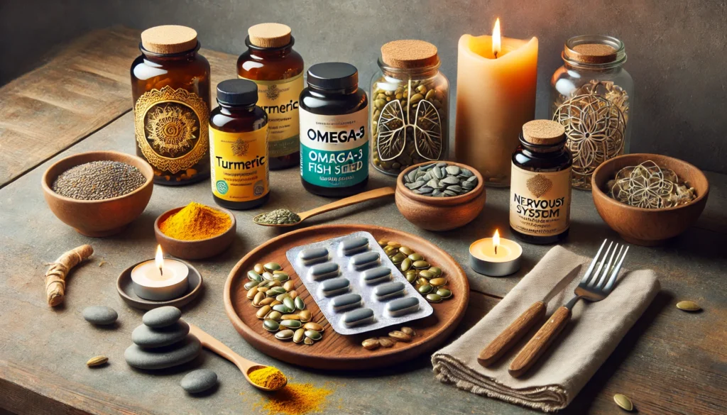Best Supplements for Nervous System Health: Natural Remedies to Calm and Support Your Body 3 A holistic wellness setup with natural supplements like turmeric and fish oil, accompanied by candles and meditation stones for relaxation and nervous system balance.
