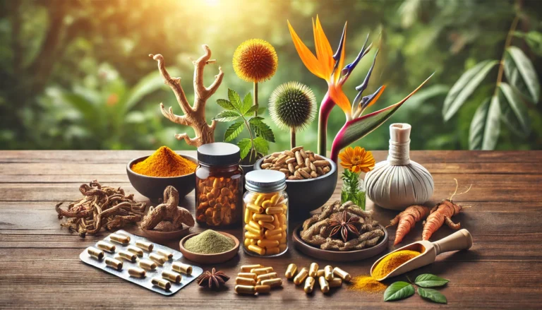 A beautifully arranged selection of natural nootropic supplements, including ginseng root, turmeric, bacopa monnieri, and ashwagandha, displayed on a wooden table with capsules and powdered extracts, against a serene nature-inspired background.