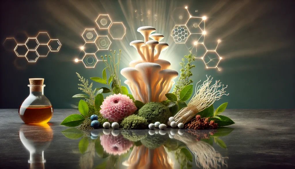 A science-inspired composition showcasing brain-boosting nootropics like lion’s mane mushrooms, green tea leaves, and Rhodiola rosea, placed on a reflective surface with a glowing light effect symbolizing cognitive enhancement.