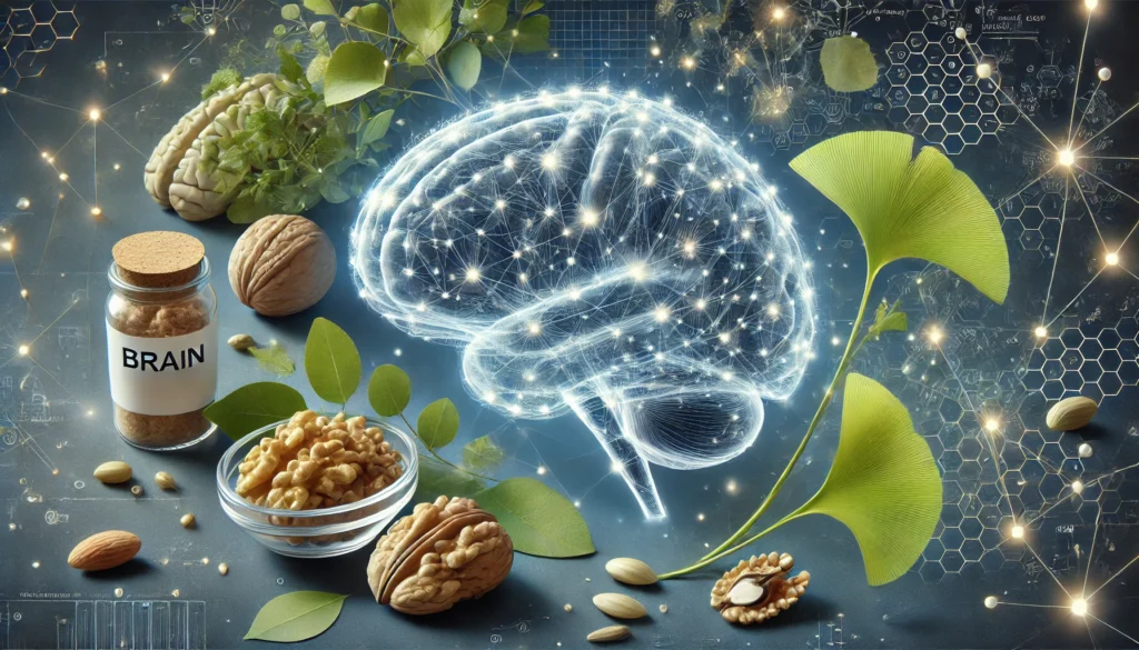 A futuristic artistic representation of brain health featuring a transparent human brain model illuminated by blue neural connections, surrounded by natural memory-enhancing supplements such as ginkgo biloba leaves, walnuts, and omega-3-rich seeds.