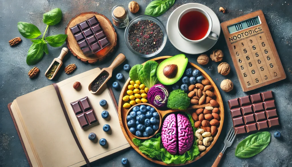A visually rich display of a nootropic-rich diet, featuring a wooden plate with brain-boosting foods such as blueberries, dark chocolate, avocados, and nuts, complemented by a cup of herbal tea and a journal for mindfulness and focus.