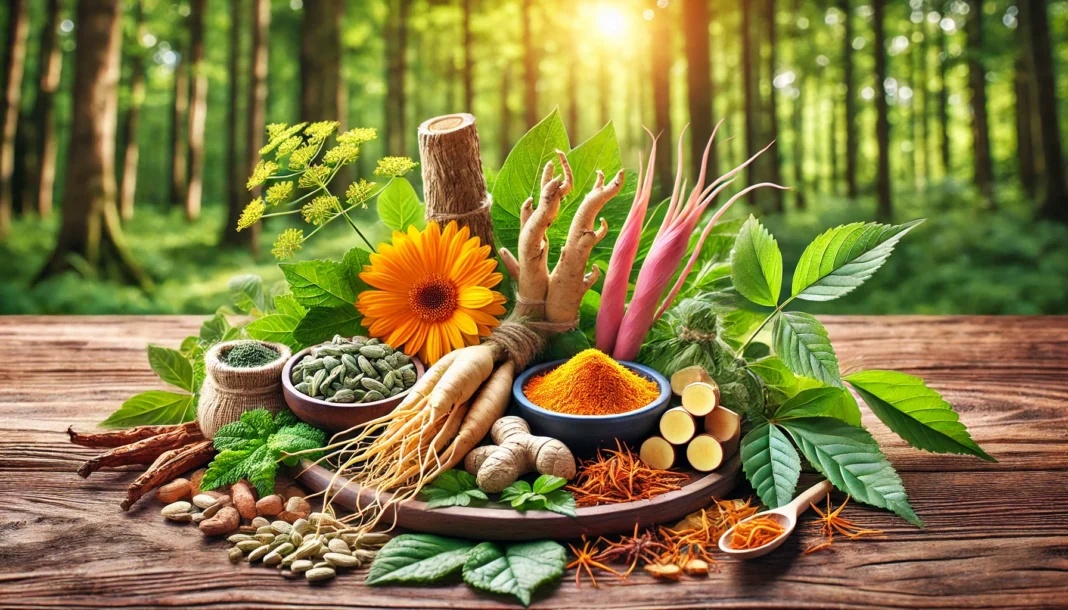 A vibrant display of medicinal herbs for premature ejaculation, including fresh ginseng roots, ashwagandha leaves, maca root, and saffron flowers, arranged on a wooden surface with a lush forest background.