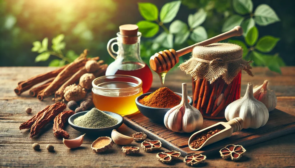 A rustic wooden table featuring natural supplements such as honey, garlic cloves, dried ashwagandha roots, maca powder, and ginseng, set against a softly lit green foliage backdrop
