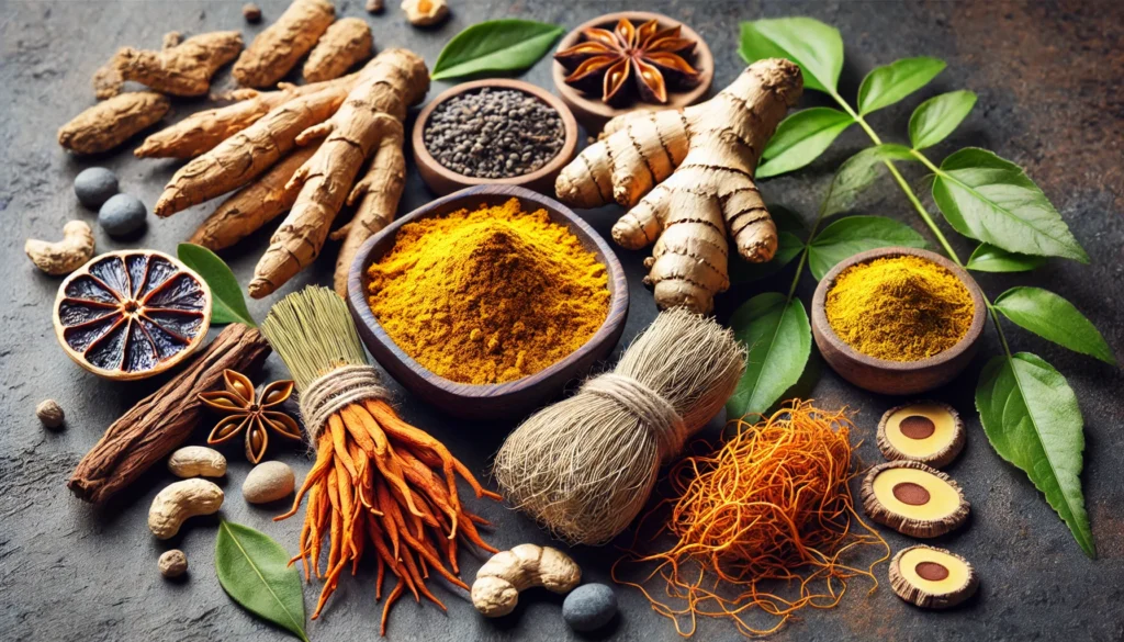A close-up shot of fresh and dried medicinal herbs for male wellness, including ashwagandha roots, maca root powder, saffron threads, and ginseng, placed on a dark stone background with soft natural lighting.