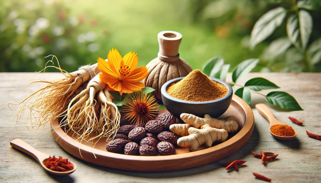 A beautifully arranged selection of herbal remedies for male vitality, featuring fresh ginseng, saffron flowers, ashwagandha powder, and a small bowl of maca root extract on a natural wooden tray against a blurred green garden setting.