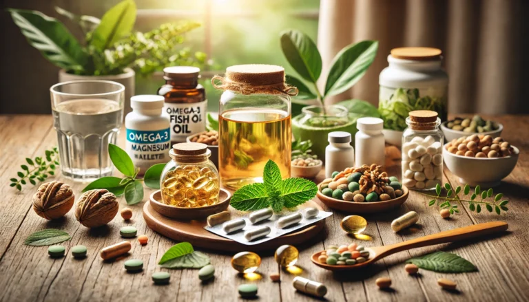 A natural supplement arrangement on a wooden table featuring omega-3 fish oil capsules, magnesium tablets, L-theanine capsules, and vitamin B12 pills, accompanied by green tea leaves, walnuts, and a glass of water for hydration and cognitive support