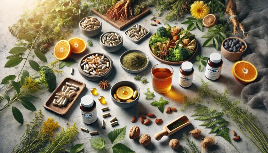 Best Supplements to Take with Adderall: Supporting Focus, Energy, and Health Naturally 1 A peaceful nature-inspired scene displaying nootropic supplements like Rhodiola Rosea, Ginseng, Vitamin D, and Zinc, surrounded by fresh herbs, nuts, and a cup of herbal tea, symbolizing holistic wellness and energy enhancement.