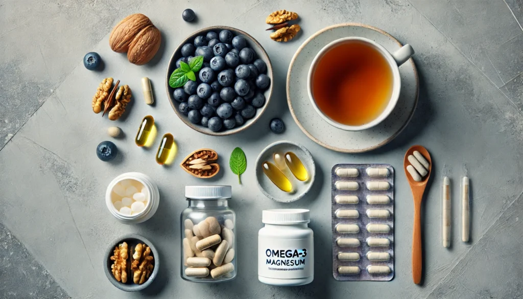 Best Supplements to Take with Adderall: Supporting Focus, Energy, and Health Naturally 2 A clean and modern flat-lay composition of brain-boosting supplements including omega-3, magnesium, vitamin B6, and L-theanine, accompanied by fresh blueberries, walnuts, and a steaming cup of green tea, promoting natural cognitive function.