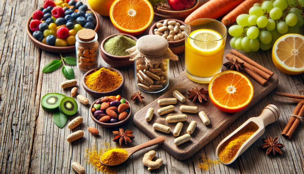 Best Supplements to Take with Adderall: Supporting Focus, Energy, and Health Naturally 3 A vibrant wellness setting with turmeric capsules, ashwagandha powder, vitamin C tablets, and a small bowl of mixed nuts, arranged on a rustic wooden surface with fresh fruit and lemon-infused water, highlighting focus, energy, and natural vitality.