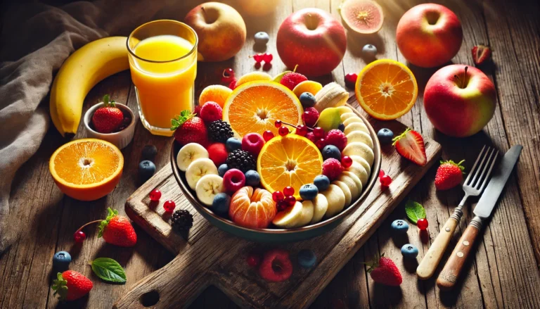 A vibrant breakfast scene with energy-boosting fruits including bananas, oranges, berries, and apples on a rustic wooden table, accompanied by a glass of orange juice under warm morning light.