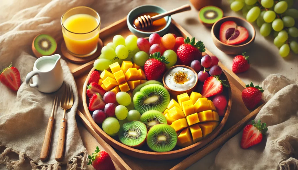 Best Fruits for Morning Energy: What to Eat for a Natural Boost 1 A top-down view of a healthy fruit platter with sliced kiwi, mango, strawberries, and grapes, arranged on a wooden tray with a side of yogurt and honey in a cozy morning setting.