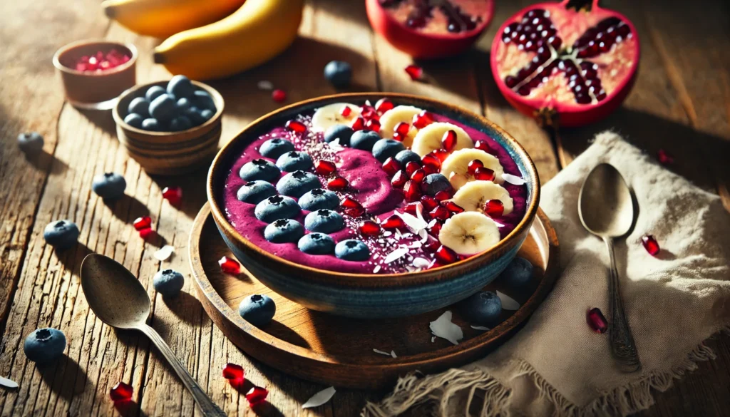 Best Fruits for Morning Energy: What to Eat for a Natural Boost 2 A refreshing smoothie bowl topped with blueberries, bananas, pomegranate seeds, and coconut shavings, served in a ceramic bowl on a rustic wooden table with sunlight streaming in.