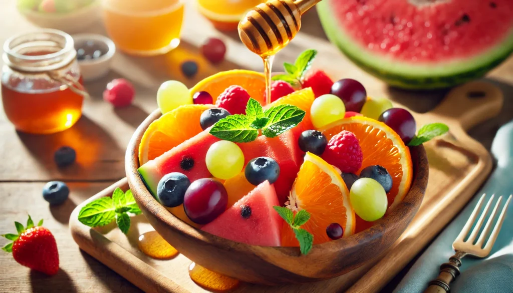 Best Fruits for Morning Energy: What to Eat for a Natural Boost 3 A close-up of a nutritious fruit salad featuring sliced oranges, watermelon, grapes, and berries in a wooden bowl, garnished with fresh mint leaves and drizzled with honey for a fresh morning boost.