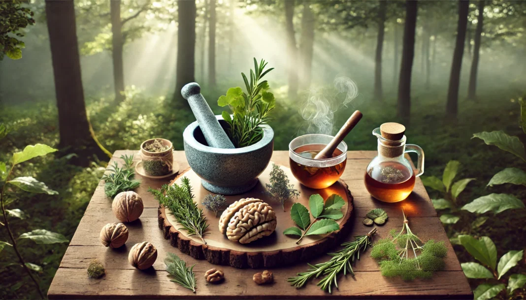 A wooden table set in a tranquil forest, displaying brain-boosting herbs like ginkgo biloba, rosemary, and sage. The table also holds a steaming cup of herbal tea, a mortar and pestle, and a bowl of walnuts, bathed in soft natural sunlight