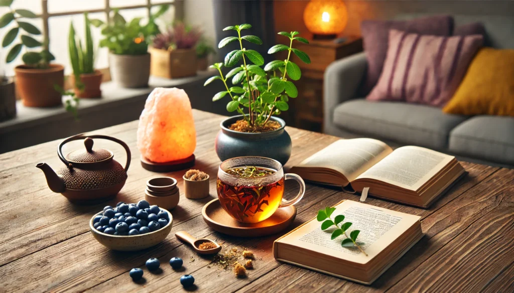 A warm and peaceful home setting featuring a wooden desk with a cup of herbal tea infused with ginseng and turmeric, a bowl of fresh blueberries, an open book, an indoor plant, and a glowing Himalayan salt lamp for a calming holistic ambiance.