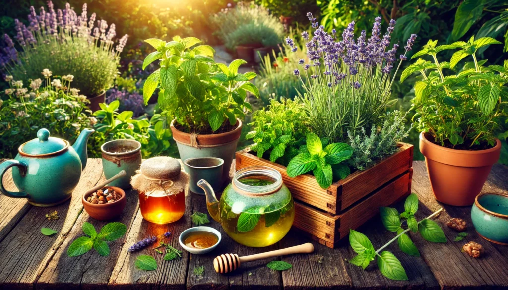 A vibrant outdoor garden with fresh herbs such as mint, lavender, and basil growing in wooden planters. A rustic wooden bench holds a glass teapot with herbal infusion, a jar of honey, and a bowl of mixed nuts, surrounded by lush greenery.