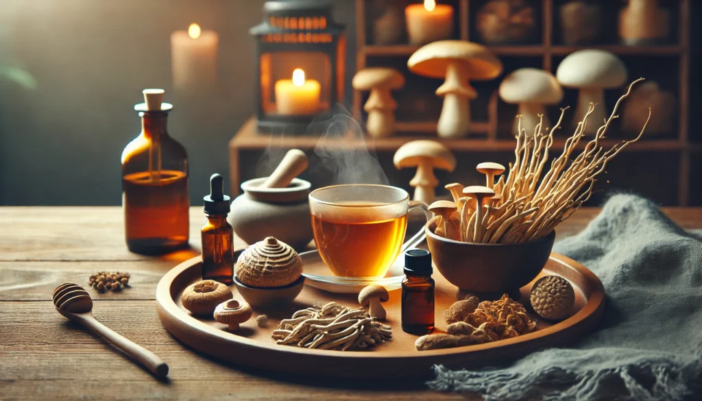 A wooden tray with adaptogenic herbs like ashwagandha and lion’s mane mushrooms, a steaming cup of herbal tea, and essential oils in small glass bottles. A softly lit candle in the background enhances the sense of relaxation and mental clarity.