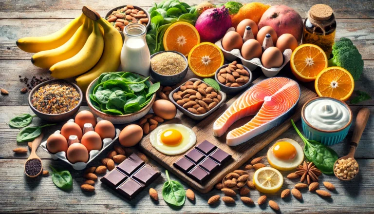A vibrant assortment of energy-boosting foods, including bananas, almonds, spinach, eggs, salmon, sweet potatoes, oranges, dark chocolate, quinoa, and Greek yogurt, arranged on a rustic wooden table with natural lighting.