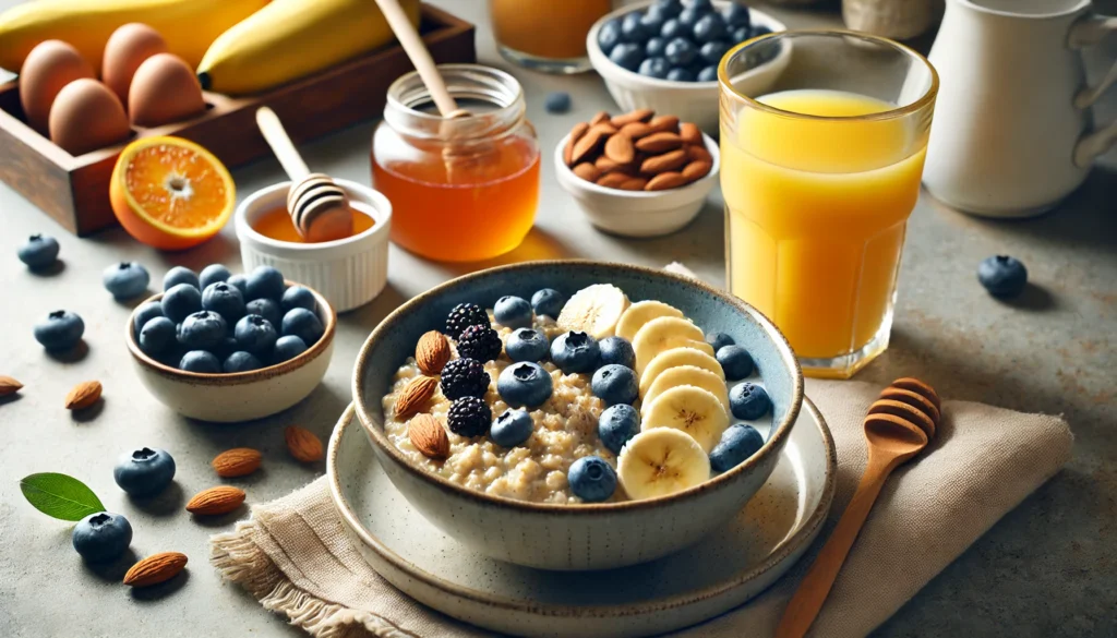 A wholesome breakfast spread with oatmeal topped with blueberries, bananas, and honey, alongside a glass of fresh orange juice and a handful of almonds, set on a cozy kitchen counter.