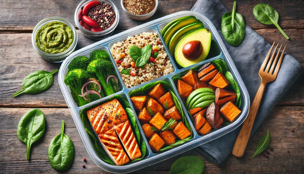 A high-energy meal prep featuring grilled salmon, quinoa, roasted sweet potatoes, steamed spinach, and avocado slices, beautifully arranged in a meal container on a wooden table.
