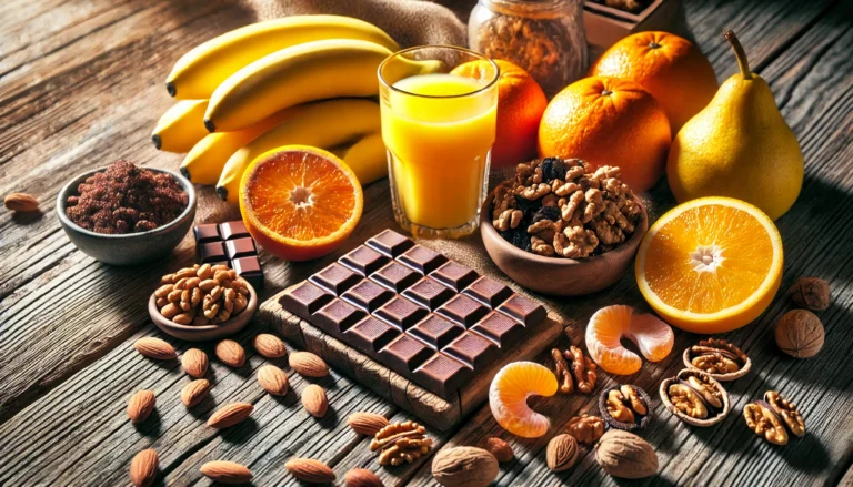 A rustic wooden table with a variety of energy-boosting snacks, including fresh bananas, almonds, walnuts, dark chocolate chunks, and a glass of freshly squeezed orange juice.