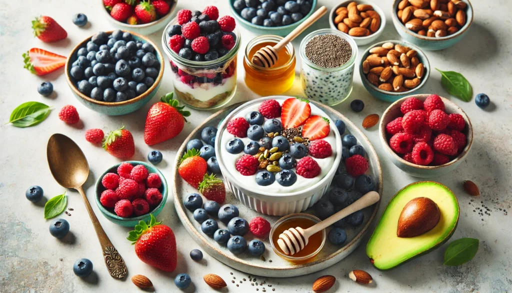 Best Energy-Boosting Snacks: Natural Remedies for Sustained Vitality 1 A vibrant spread of natural energy snacks on a marble countertop, featuring mixed berries, Greek yogurt with honey and chia seeds, avocado slices, and assorted nuts.