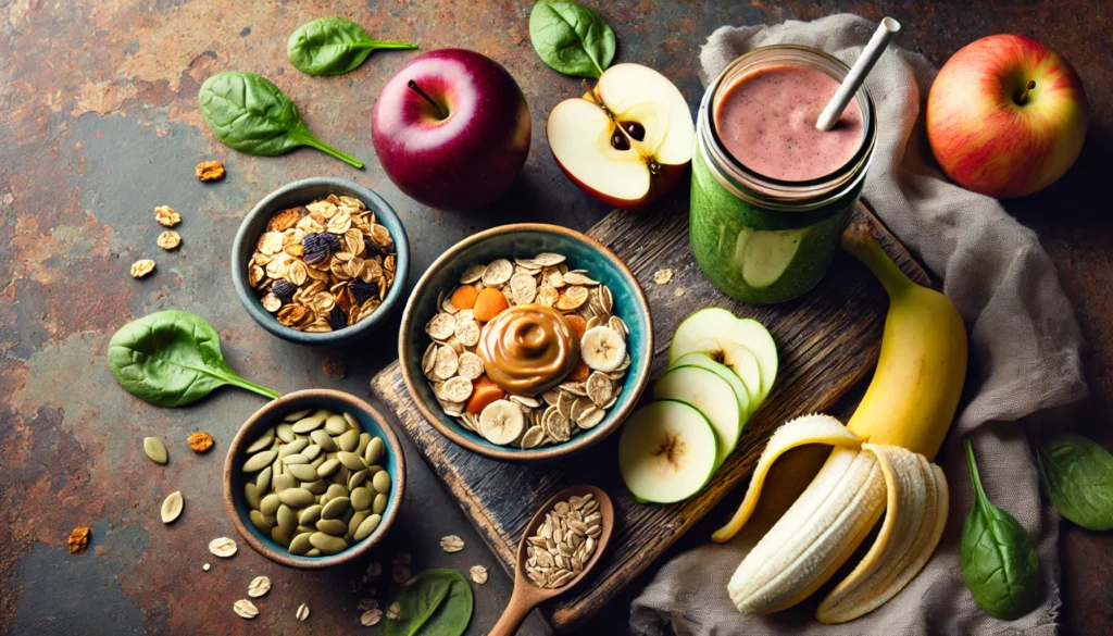 Best Energy-Boosting Snacks: Natural Remedies for Sustained Vitality 2 A visually appealing selection of high-energy snacks on a rustic kitchen table, including apple slices with peanut butter, granola with dried fruits, a banana-spinach smoothie, and pumpkin seeds.