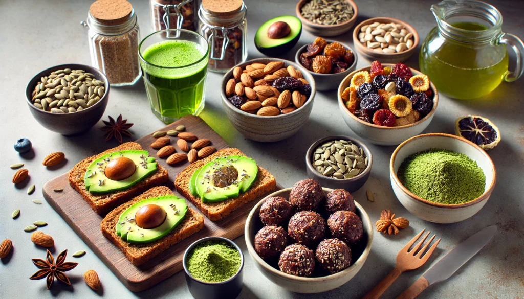 Best Energy-Boosting Snacks: Natural Remedies for Sustained Vitality 3 A modern kitchen countertop displaying whole-grain avocado toast with sunflower seeds, a bowl of mixed dried fruits, a cup of matcha tea, and homemade energy balls made from dates, nuts, and cocoa powder.