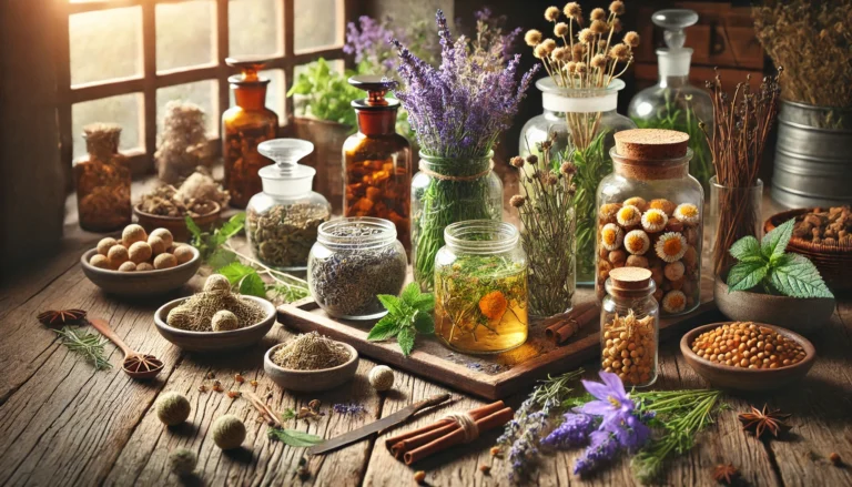 A rustic herbal apothecary featuring anxiety-relieving herbs such as chamomile, lavender, valerian root, and passionflower. The setting includes dried herbs in glass jars, fresh herbs on a wooden table, and warm natural lighting for a calming ambiance.