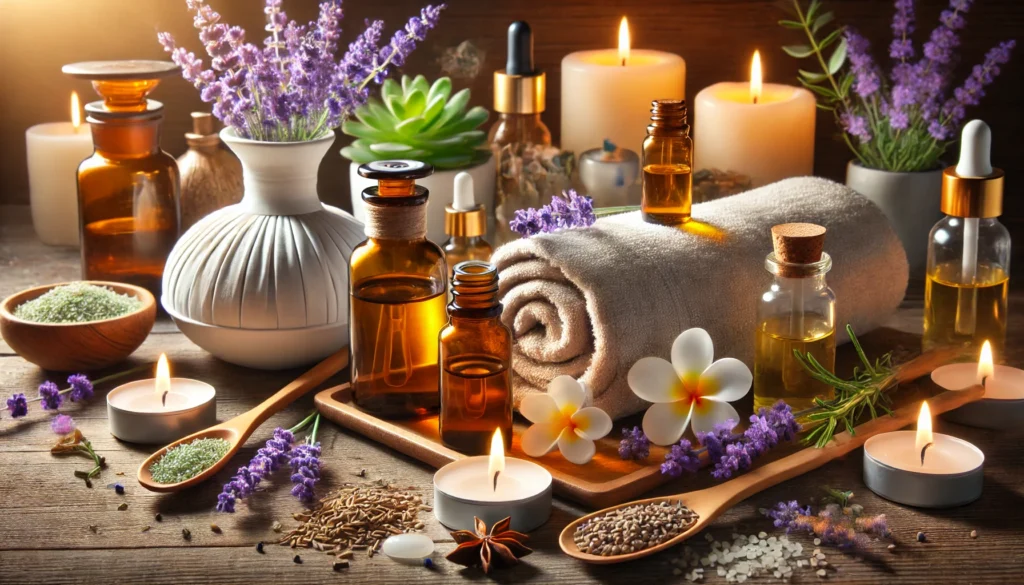 A tranquil spa setting featuring herbal aromatherapy with essential oils from lavender, chamomile, and sandalwood. The scene includes candles, an oil diffuser, fresh herbs, and a soft towel, creating a peaceful and relaxing ambiance.