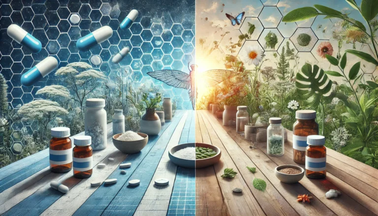 A split scene blending a clinical setting with prescription pills on one side and a natural environment with herbal remedies on the other.