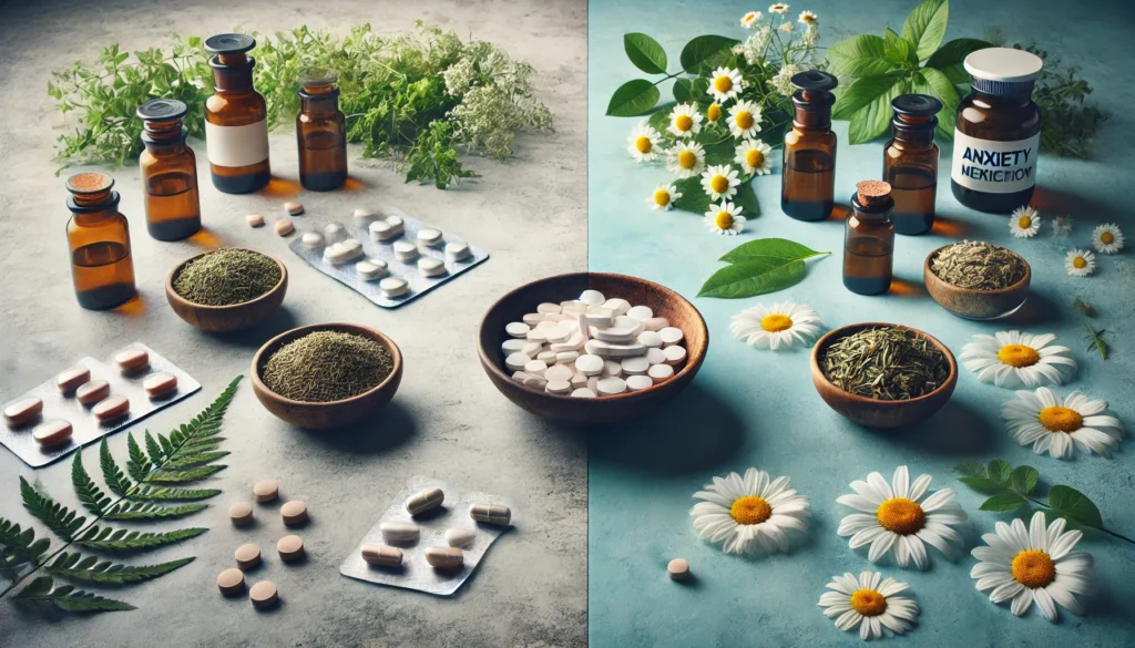 Antipsychotic Medication for Anxiety: Are Holistic Supplements a Natural Alternative? 1 A close-up of pills in a sterile medical setting versus herbal supplements in an earthy, calming atmosphere.