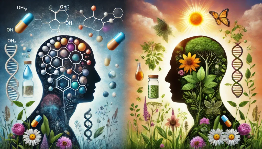 Antipsychotic Medication for Anxiety: Are Holistic Supplements a Natural Alternative? 2 A silhouette with pharmaceutical elements around their head on one side, and natural elements like herbs and sunlight on the other.