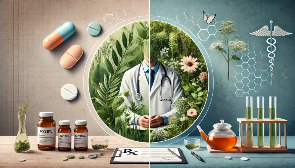 Antipsychotic Medication for Anxiety: Are Holistic Supplements a Natural Alternative? 3 A split-screen design with a doctor's prescription pad and pill bottles on one side, and a tranquil natural healing environment on the other.